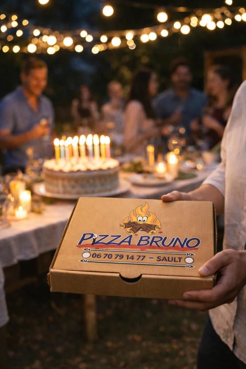 Boîte Pizza Bruno devant un gâteau d'anniversaire, lors d'une fête en plein air