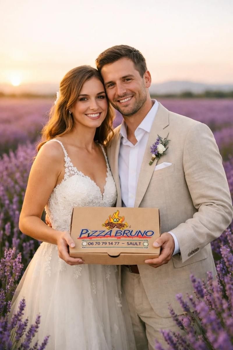 Jeunes mariés tenant une boîte Pizza Bruno dans un champ de lavande au coucher du soleil