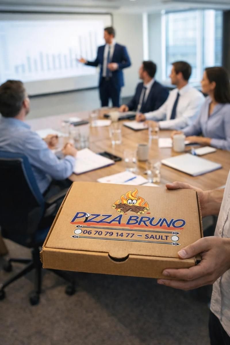 Boîte Pizza Bruno présentée pendant une réunion d'entreprise